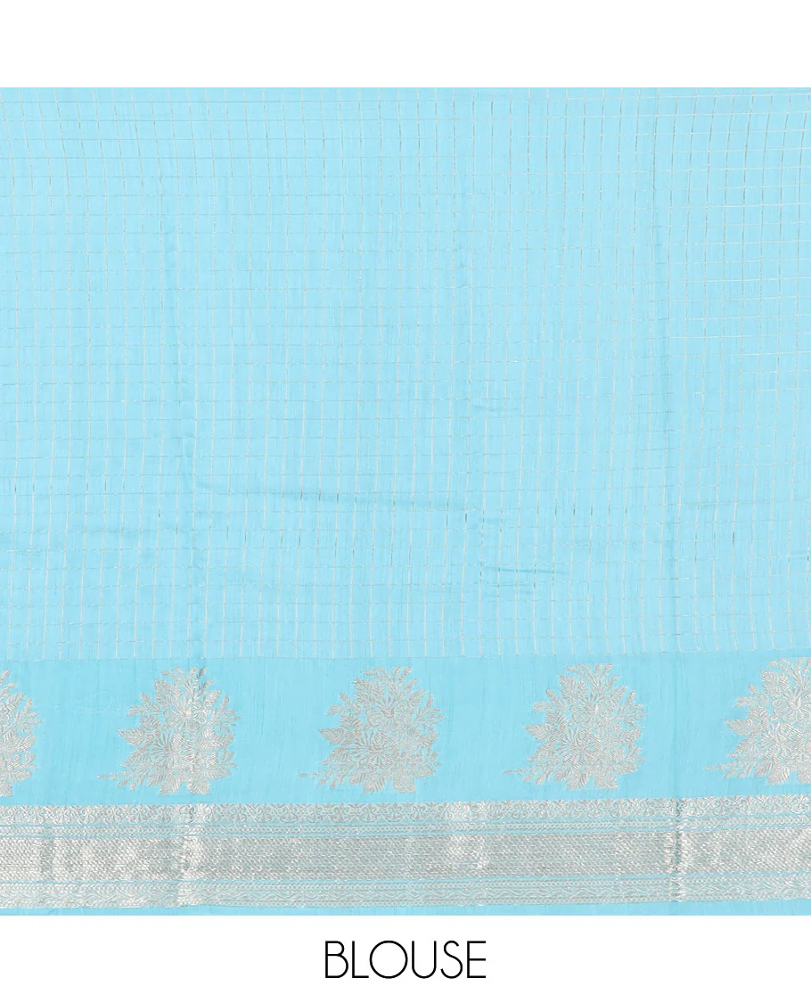 Blue zari checked Assam silk saree, contrast traditional zari border of floral designs, and pallu of zari designs - Image 4