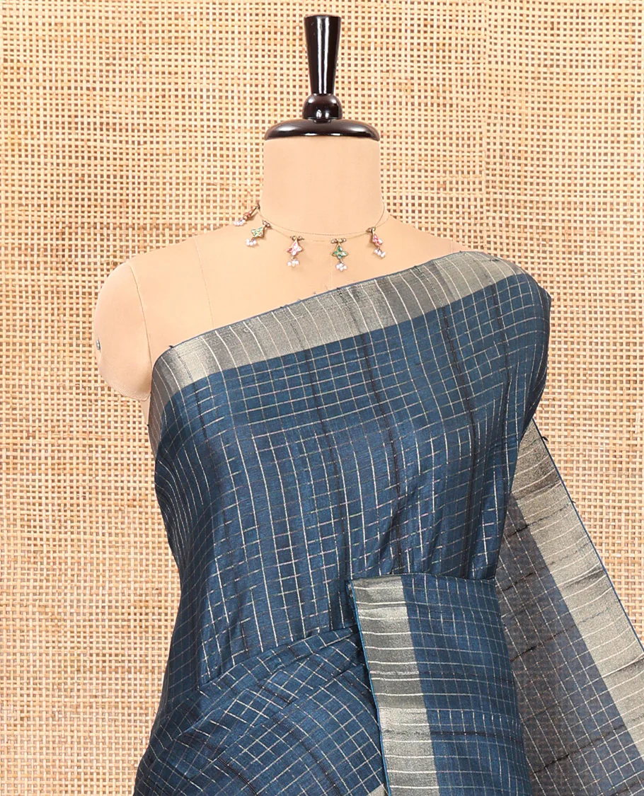 Blue zari checked design fancy tussar silk saree, bavanji border, zari design pallu, and a matching blouse - Image 2