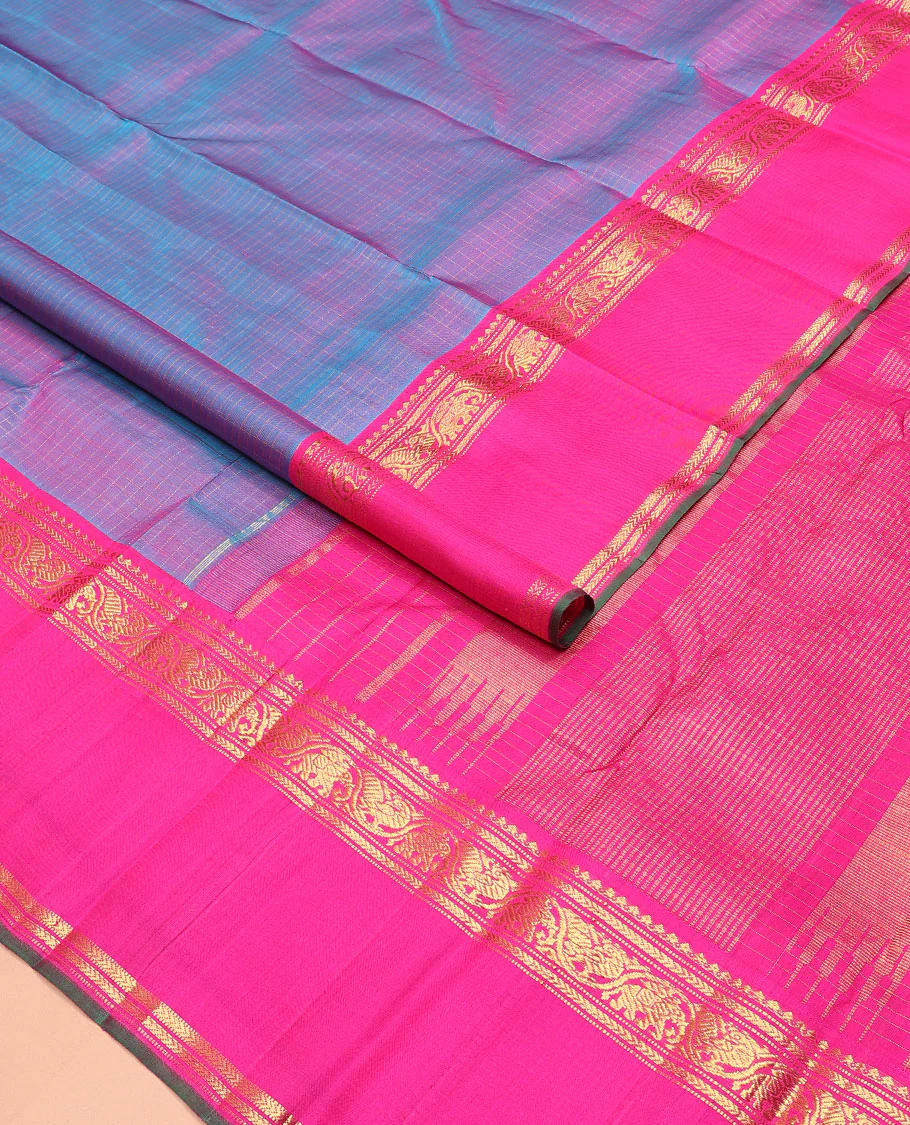 Blue zari checked Kanchipuram silk saree, contrast rettai pettu border of salngai, muthu, kathir, and kodi mayil and yaanai designs - Image 2