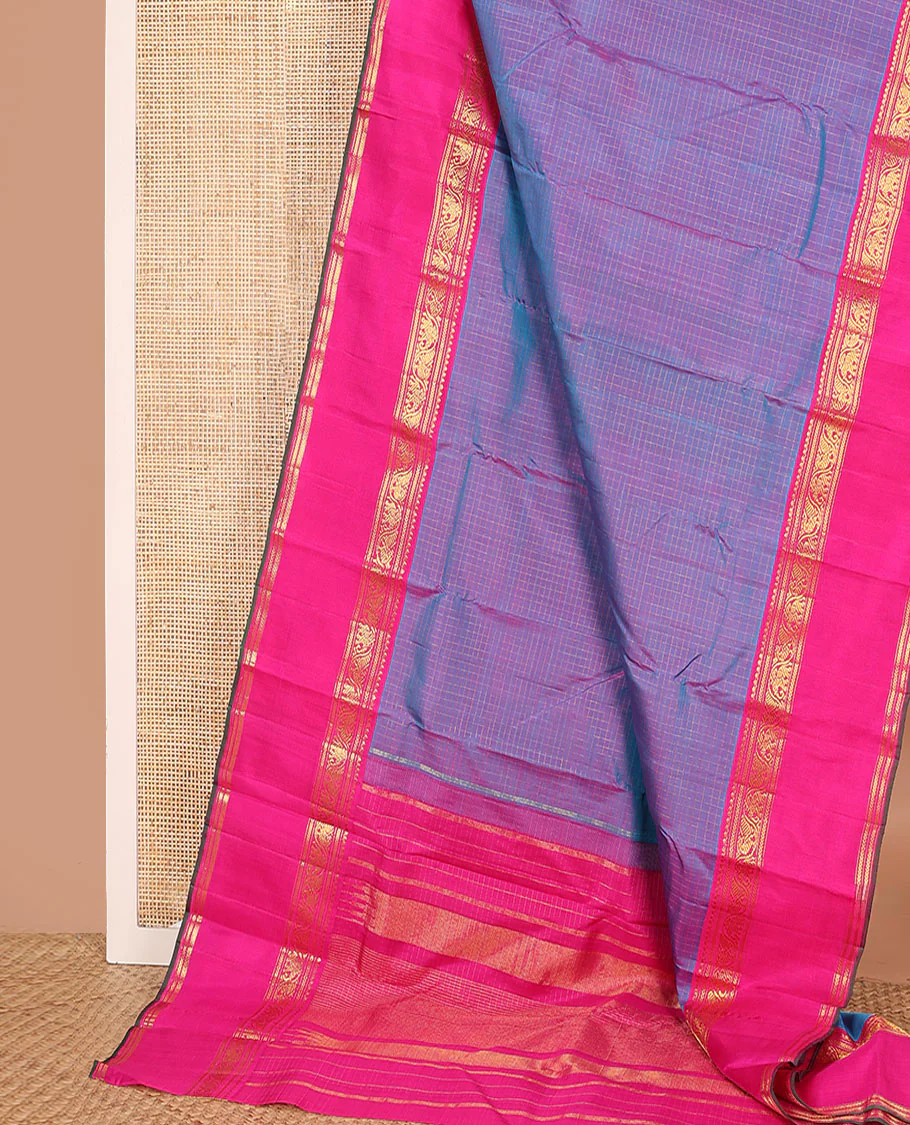 Blue zari checked Kanchipuram silk saree, contrast rettai pettu border of salngai, muthu, kathir, and kodi mayil and yaanai designs - Image 3