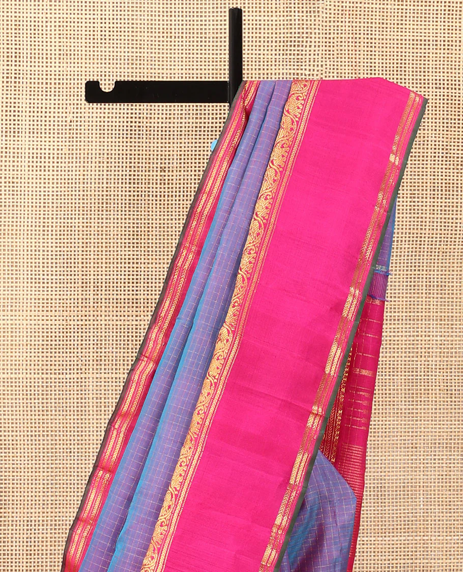 Blue zari checked Kanchipuram silk saree, contrast rettai pettu border of salngai, muthu, kathir, and kodi mayil and yaanai designs - Image 4
