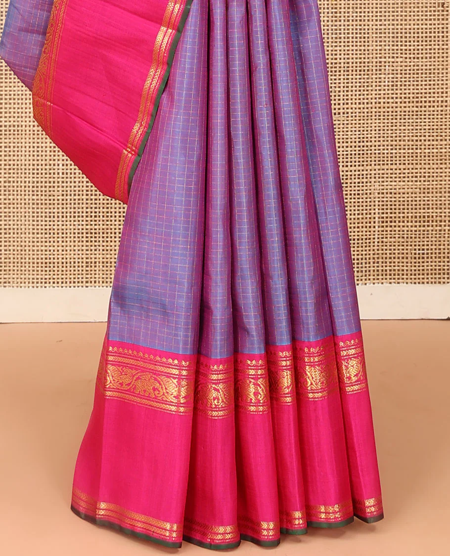 Blue zari checked Kanchipuram silk saree, contrast rettai pettu border of salngai, muthu, kathir, and kodi mayil and yaanai designs - Image 5