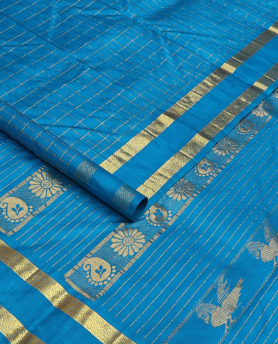 Blue zari checked Kanchipuram silk saree, one-sided rettai pettu zari border and zari design pallu - Image 2