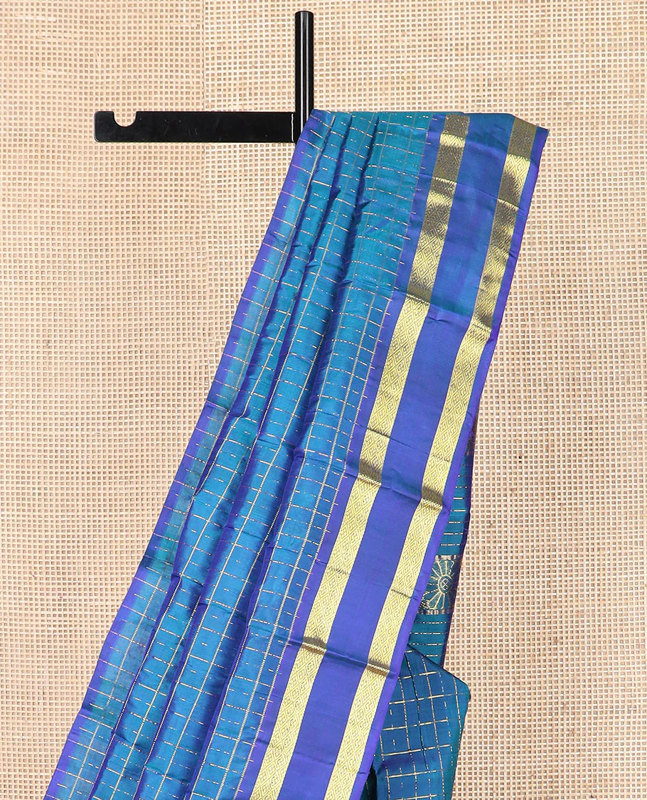 Blue zari checked Kanchipuram silk saree, rettai pettu diamond patterned border, and pallu of annam, kamalam, and manga designs - Image 3
