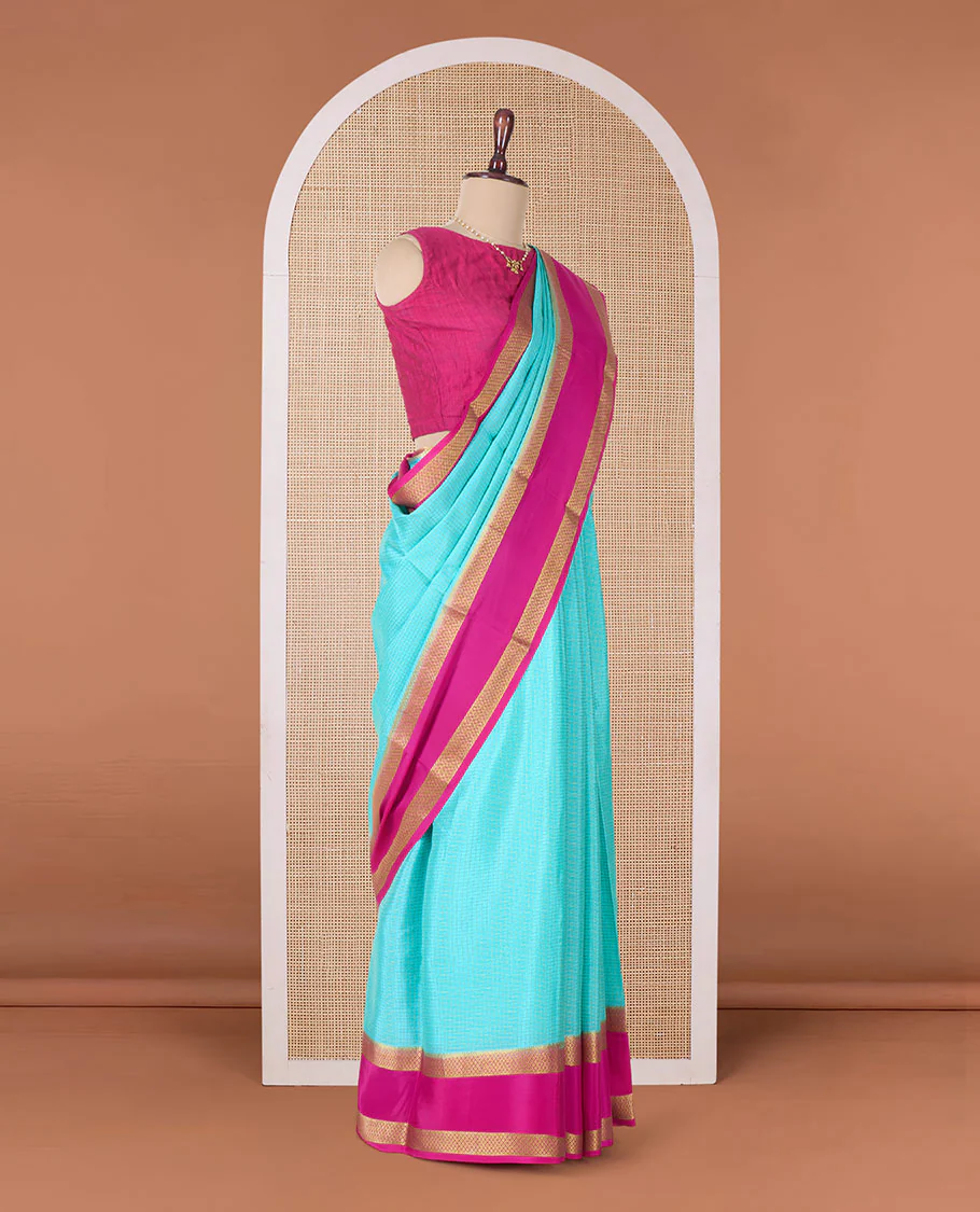 Blue zari checked Mysore silk saree, contrast rettai pettu peacock eye zari border, and pallu of zari stripes