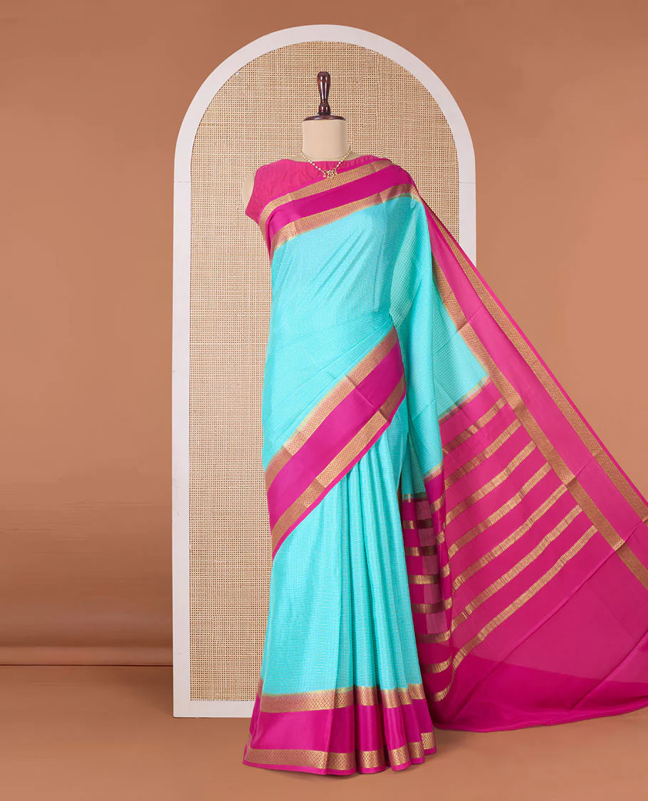 Blue zari checked Mysore silk saree, contrast rettai pettu peacock eye zari border, and pallu of zari stripes - Image 2