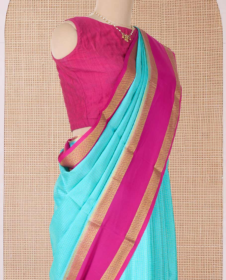 Blue zari checked Mysore silk saree, contrast rettai pettu peacock eye zari border, and pallu of zari stripes - Image 3