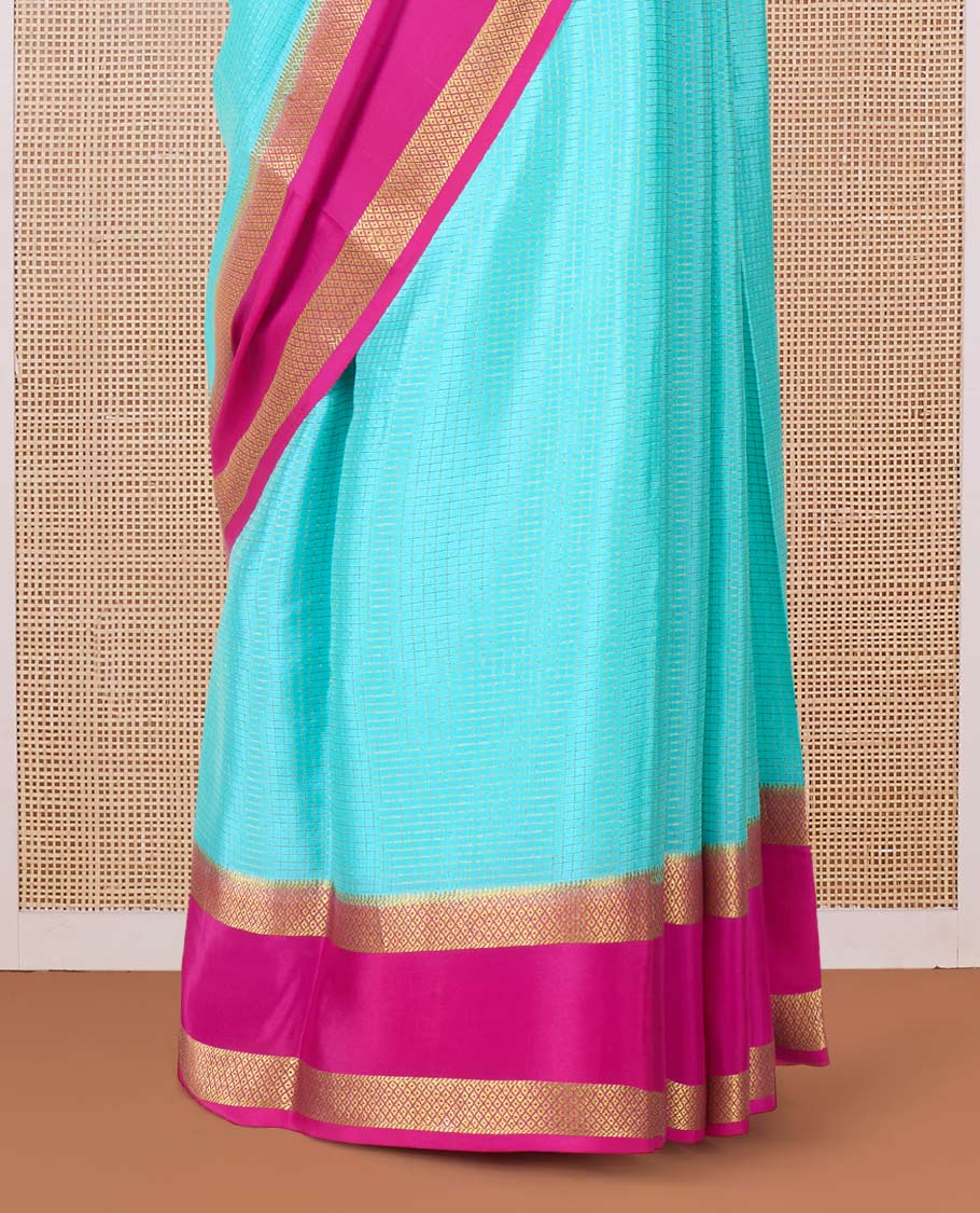 Blue zari checked Mysore silk saree, contrast rettai pettu peacock eye zari border, and pallu of zari stripes - Image 4