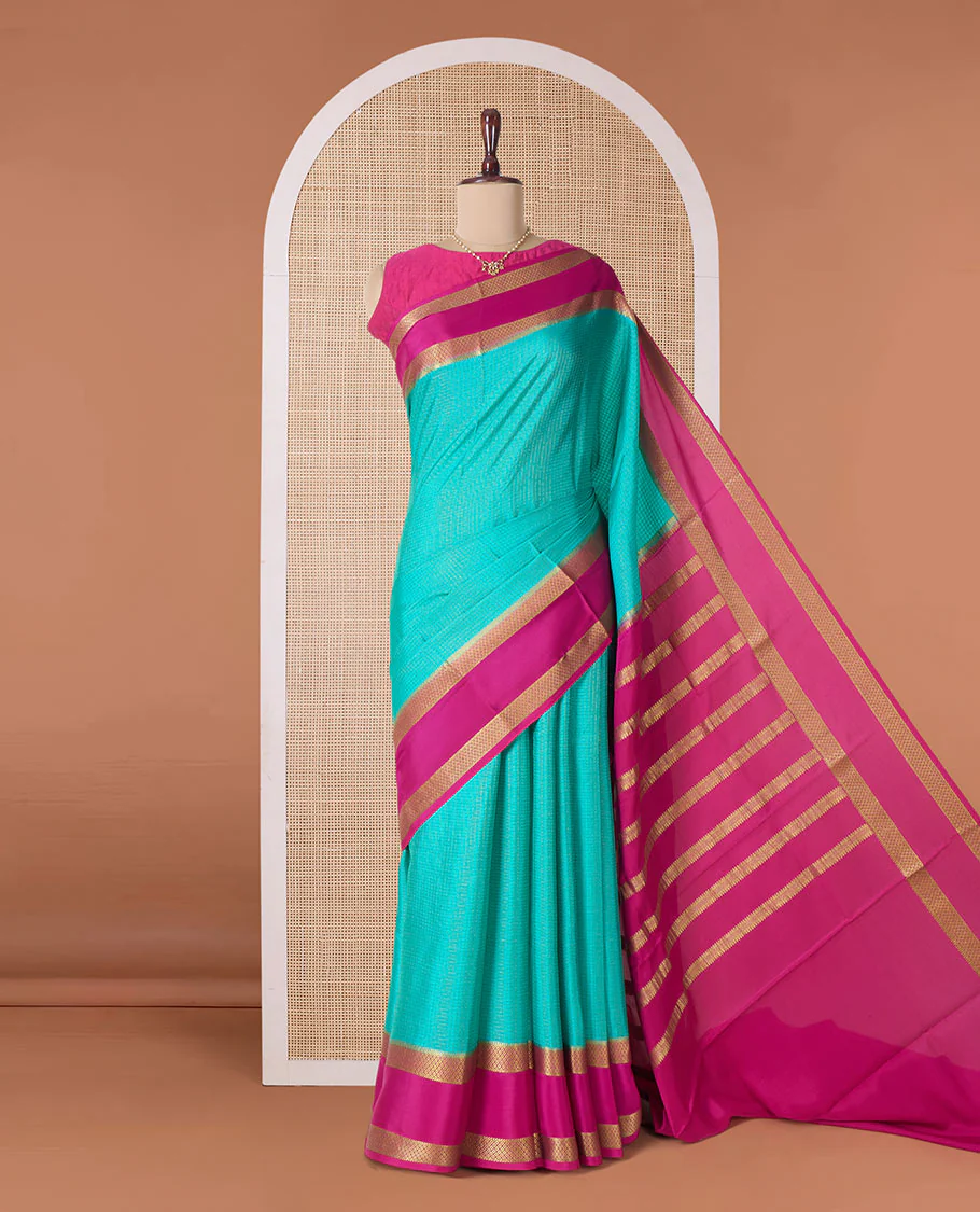 Blue zari checked Mysore silk saree, contrast rettai pettu peacock eye zari border, and pallu of zari stripes - Image 2