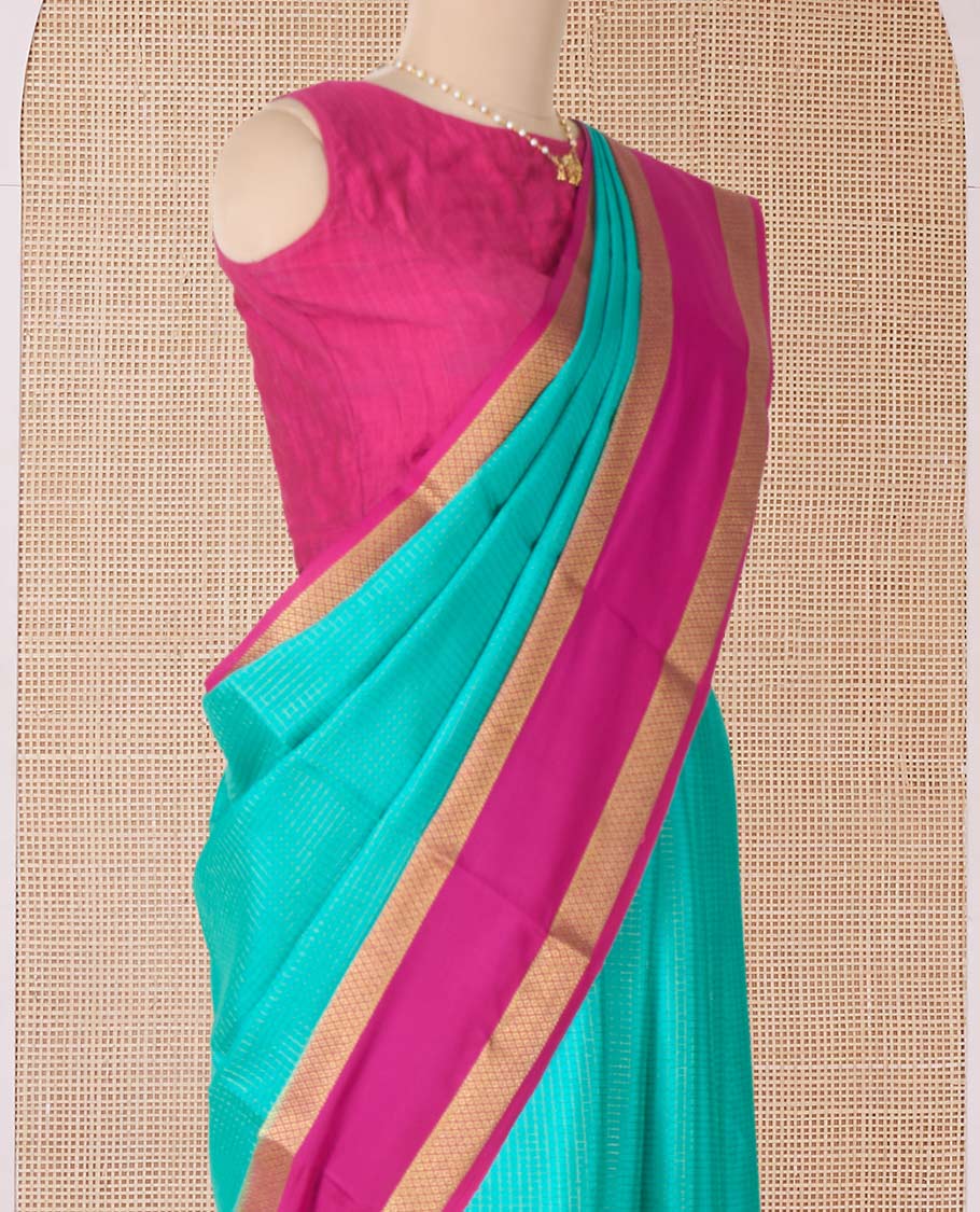 Blue zari checked Mysore silk saree, contrast rettai pettu peacock eye zari border, and pallu of zari stripes - Image 3