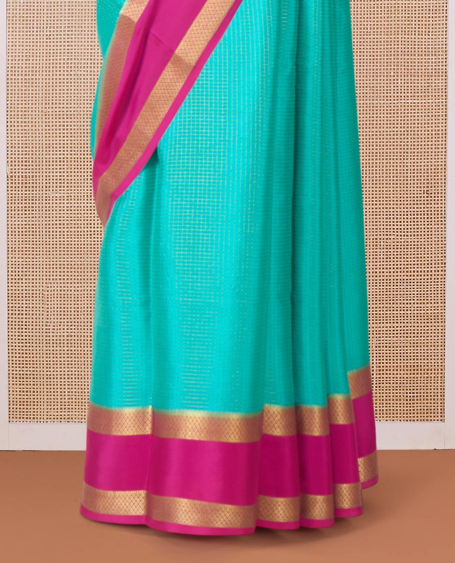 Blue zari checked Mysore silk saree, contrast rettai pettu peacock eye zari border, and pallu of zari stripes - Image 4