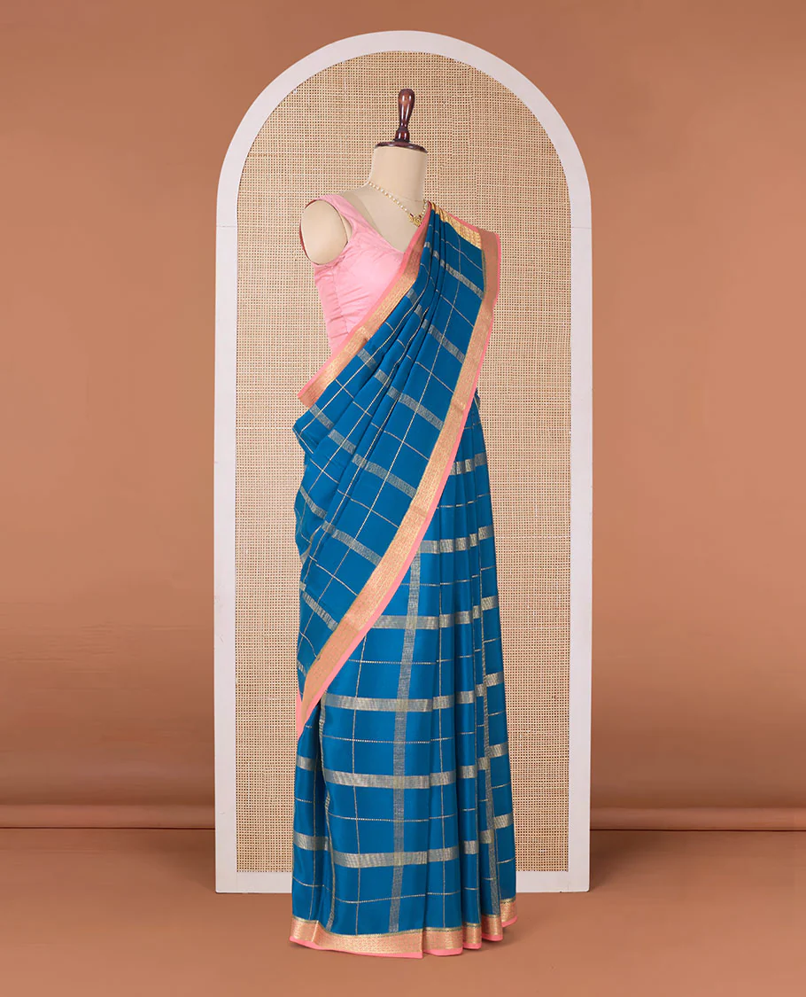 Blue zari checked Mysore silk saree, contrast traditional zari border, and pallu of traditional designs in zari