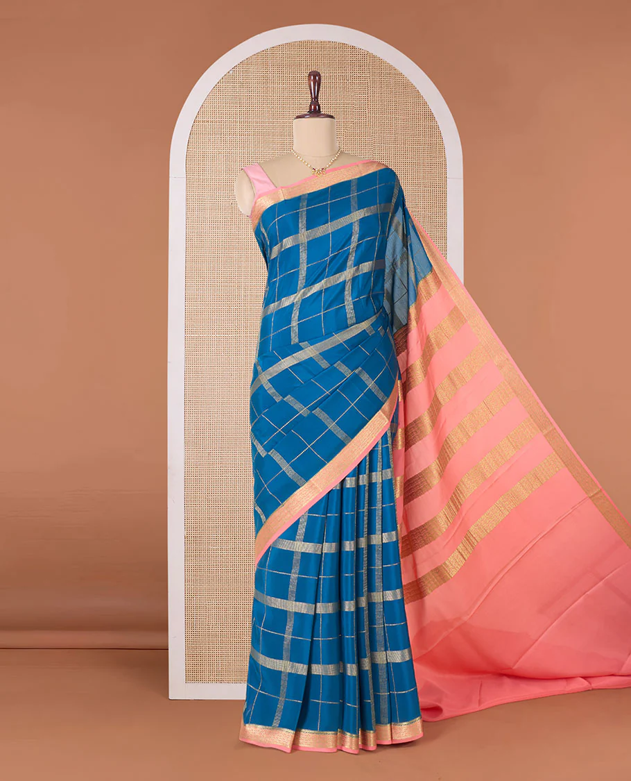 Blue zari checked Mysore silk saree, contrast traditional zari border, and pallu of traditional designs in zari - Image 2