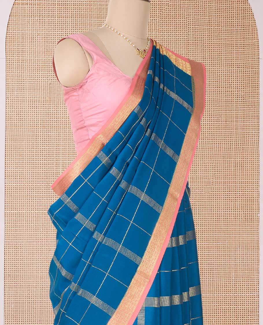 Blue zari checked Mysore silk saree, contrast traditional zari border, and pallu of traditional designs in zari - Image 3