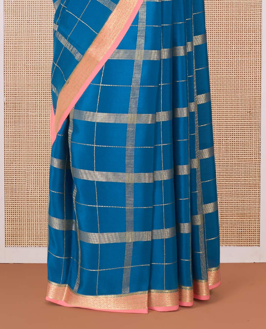 Blue zari checked Mysore silk saree, contrast traditional zari border, and pallu of traditional designs in zari - Image 4