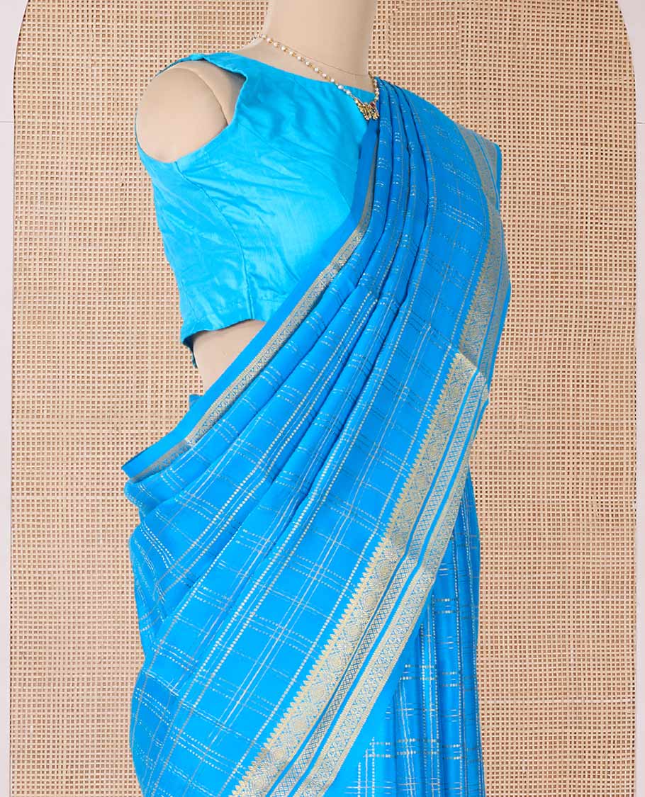 Blue zari checked Mysore silk saree, traditional zari border, and zari striped pallu - Image 3