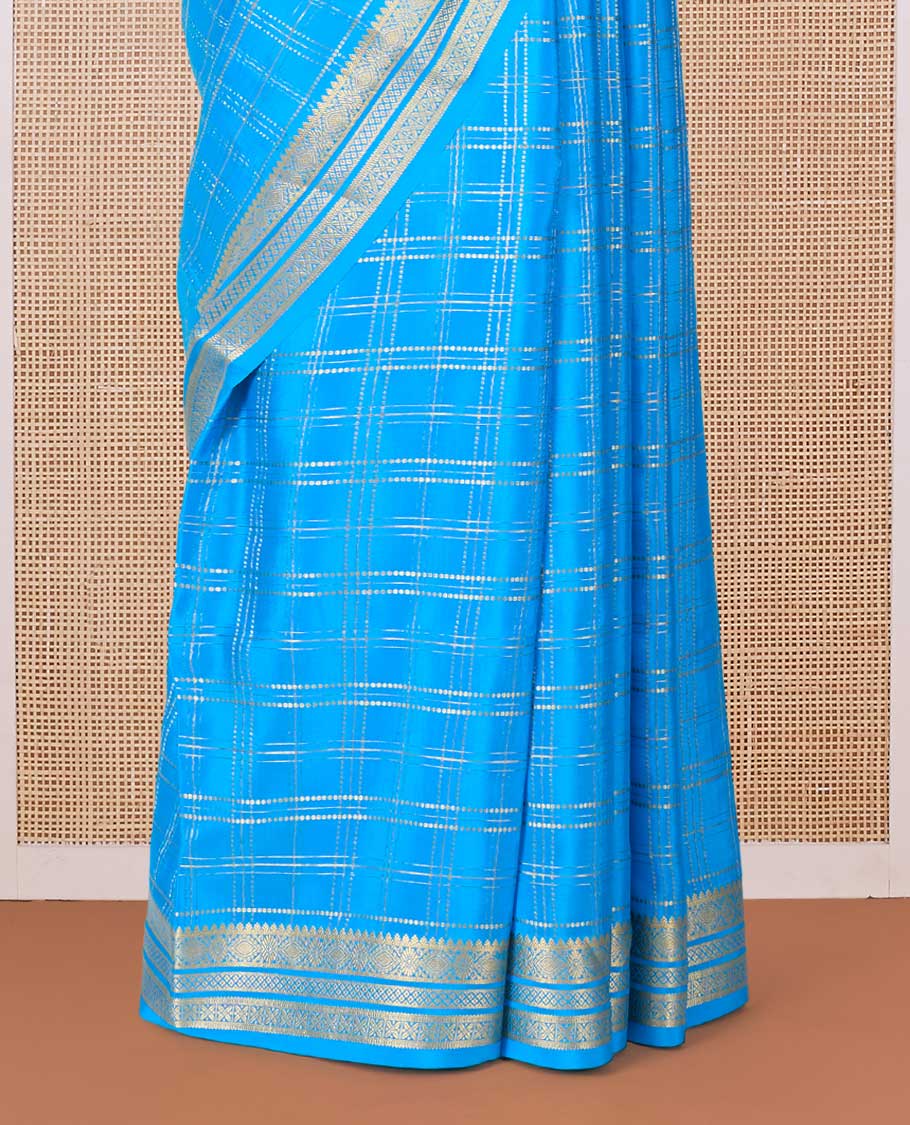 Blue zari checked Mysore silk saree, traditional zari border, and zari striped pallu - Image 4