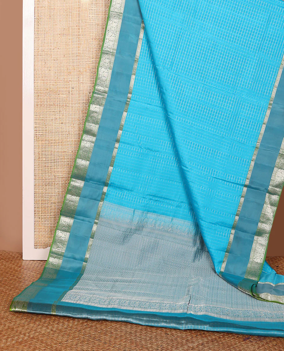 Blue zari checked Vasundhara Lite Silk Mix Saree, contrast jaal pallu & rettai pettu border of poun,muthu & mayil - Image 3