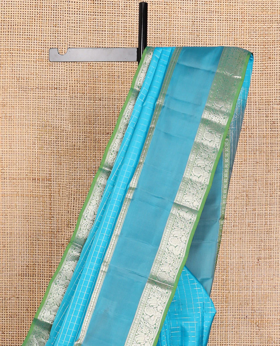 Blue zari checked Vasundhara Lite Silk Mix Saree, contrast jaal pallu & rettai pettu border of poun,muthu & mayil - Image 4