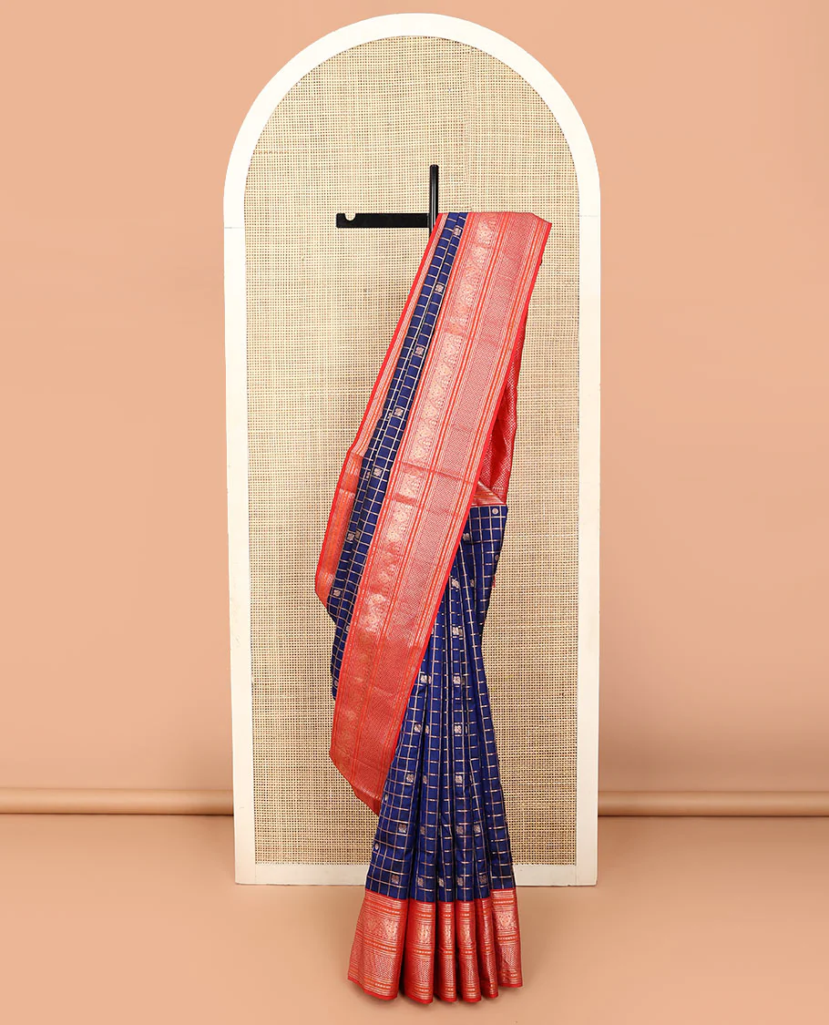 Blue zari checked with annam chakram buttas silk saree, contrast border of thilakam mokku, iruthalai pakshi, and ara maadam designs, and jaal pallu - Image 2