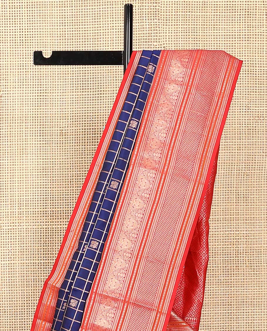 Blue zari checked with annam chakram buttas silk saree, contrast border of thilakam mokku, iruthalai pakshi, and ara maadam designs, and jaal pallu - Image 3