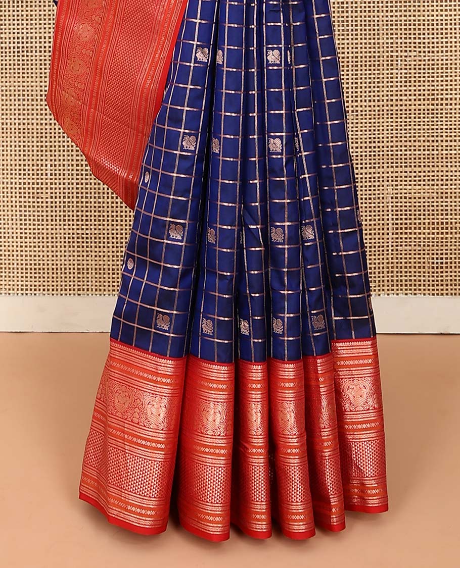 Blue zari checked with annam chakram buttas silk saree, contrast border of thilakam mokku, iruthalai pakshi, and ara maadam designs, and jaal pallu - Image 4