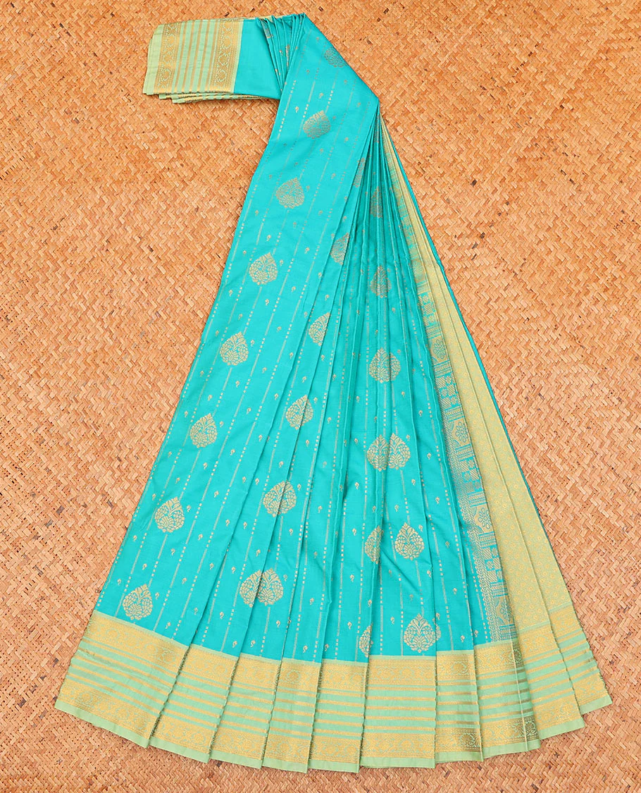 Blue zari design budget silk saree, contrast traditional zari border, and jaal pallu - Image 2