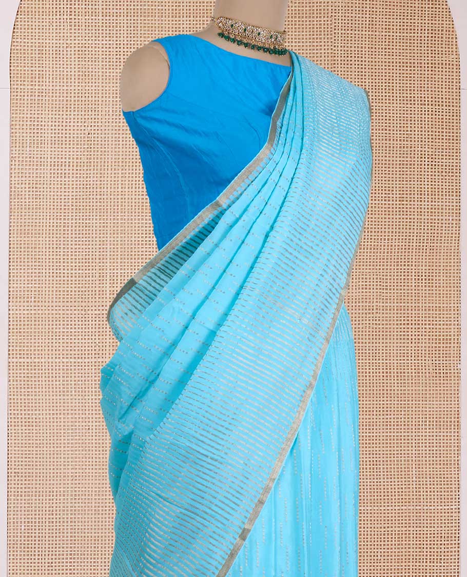 Blue zari design Mysore silk saree, zari striped border, and chevron striped pallu - Image 3