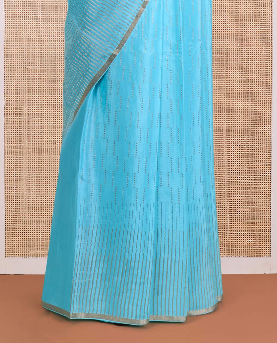 Blue zari design Mysore silk saree, zari striped border, and chevron striped pallu - Image 4