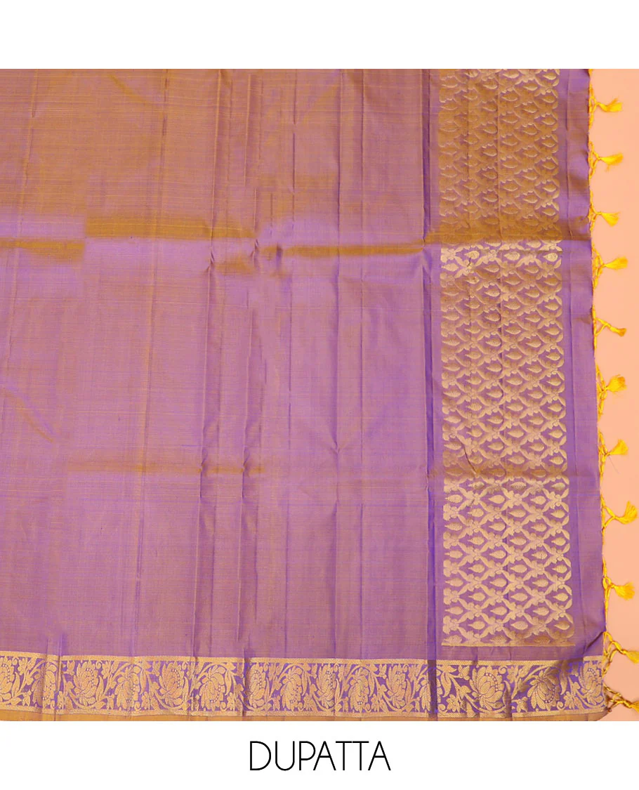Blue zari design pure-silk half-saree with contrast border of floral-paisley zari designs, contrast zari bordered blouse, and a dhavani of jaal designs - Image 5