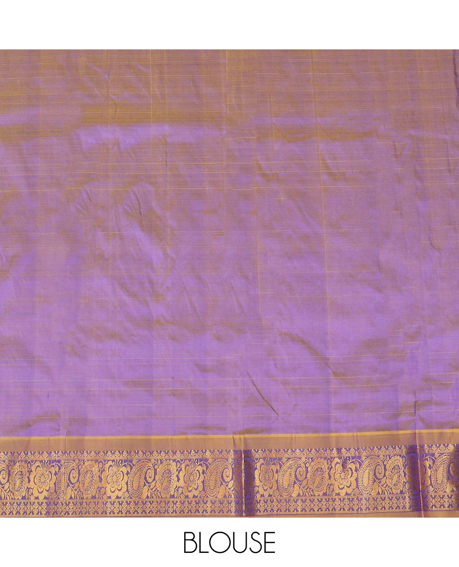 Blue zari design pure-silk half-saree with contrast border of floral-paisley zari designs, contrast zari bordered blouse, and a dhavani of jaal designs - Image 6