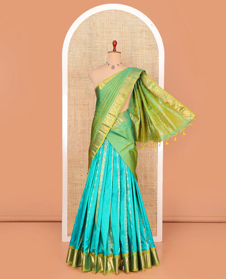 Blue zari design pure-silk half-saree with contrast border of jaal designs, contrast zari bordered blouse, and a jaal dhavani