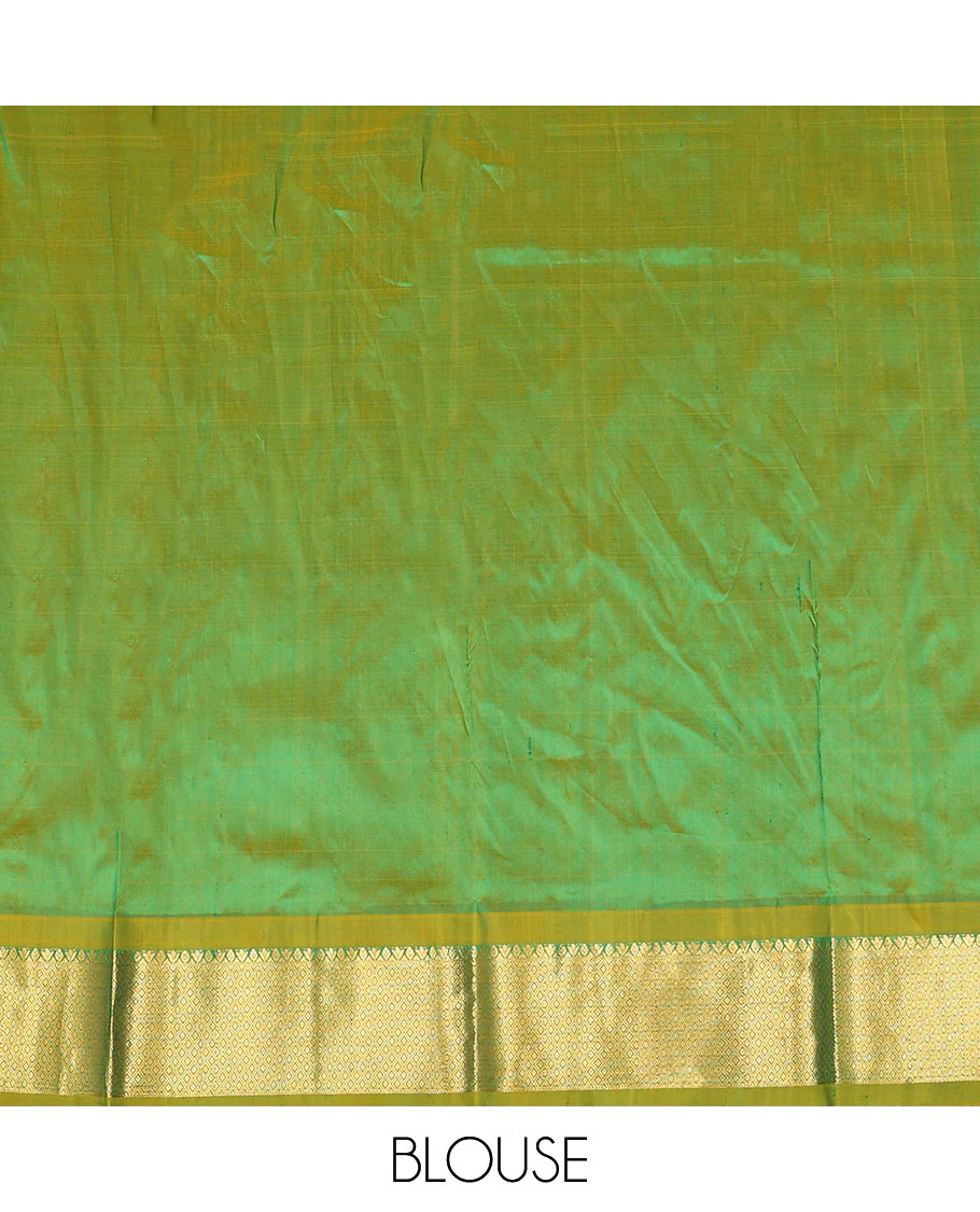 Blue zari design pure-silk half-saree with contrast border of jaal designs, contrast zari bordered blouse, and a jaal dhavani - Image 6