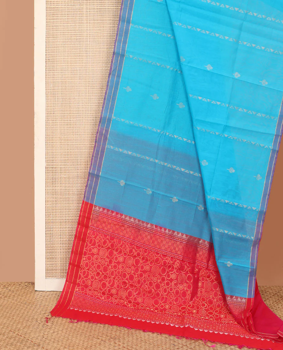 Blue zari design silk cotton saree, contrast striped border, and pallu of spiral motifs - Image 2