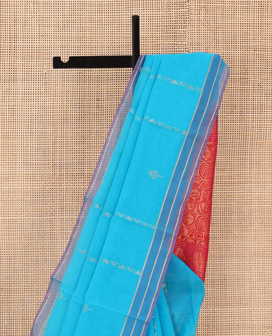Blue zari design silk cotton saree, contrast striped border, and pallu of spiral motifs - Image 3