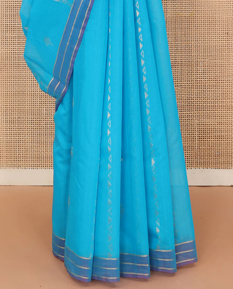 Blue zari design silk cotton saree, contrast striped border, and pallu of spiral motifs - Image 4
