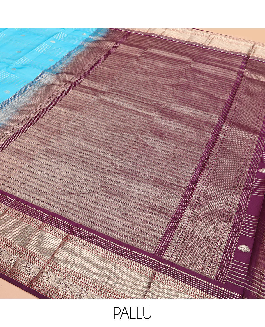 Blue zari design Vasundhara silk saree, contrast border of rekku, muthu, kathir, rudraksham, mayil kann, kuthirai, and yaanai designs, and geometric patterned pallu - Image 5