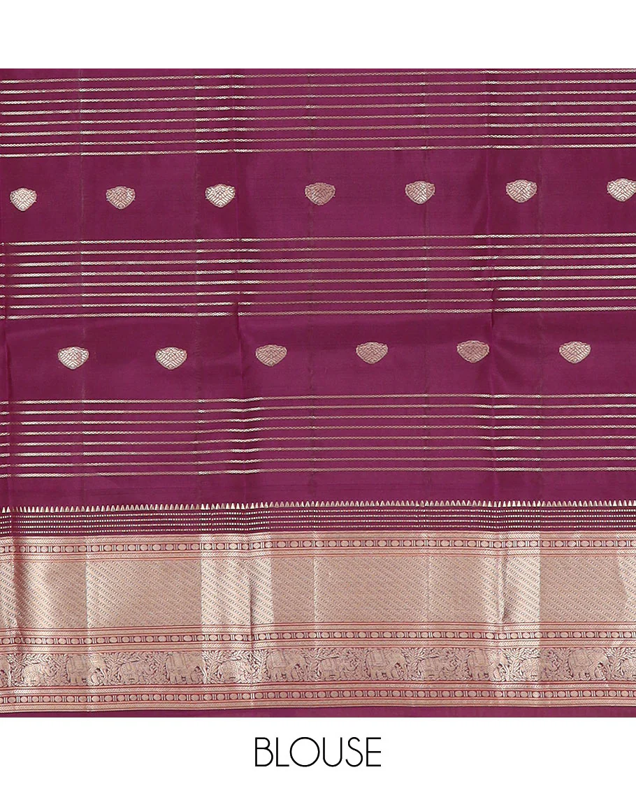 Blue zari design Vasundhara silk saree, contrast border of rekku, muthu, kathir, rudraksham, mayil kann, kuthirai, and yaanai designs, and geometric patterned pallu - Image 6