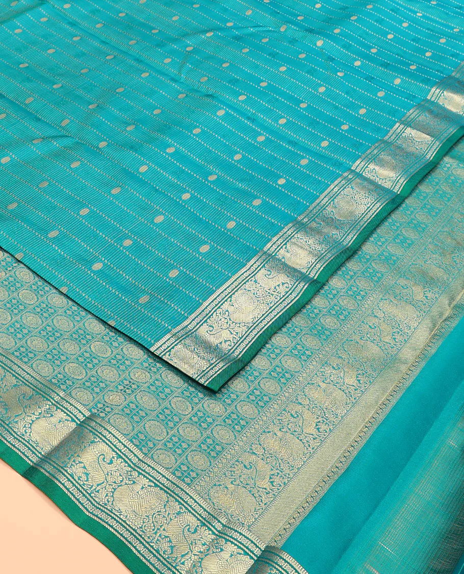 Blue zari design Vasundhara silk saree, zari border of banaras, kamalam, diamond, mayil and kuthirai designs, and chakram buttas steeped pallu - Image 2
