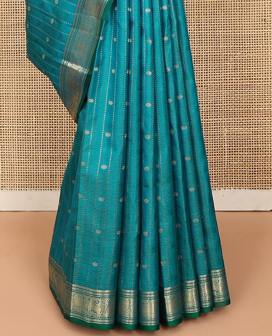 Blue zari design Vasundhara silk saree, zari border of banaras, kamalam, diamond, mayil and kuthirai designs, and chakram buttas steeped pallu - Image 4