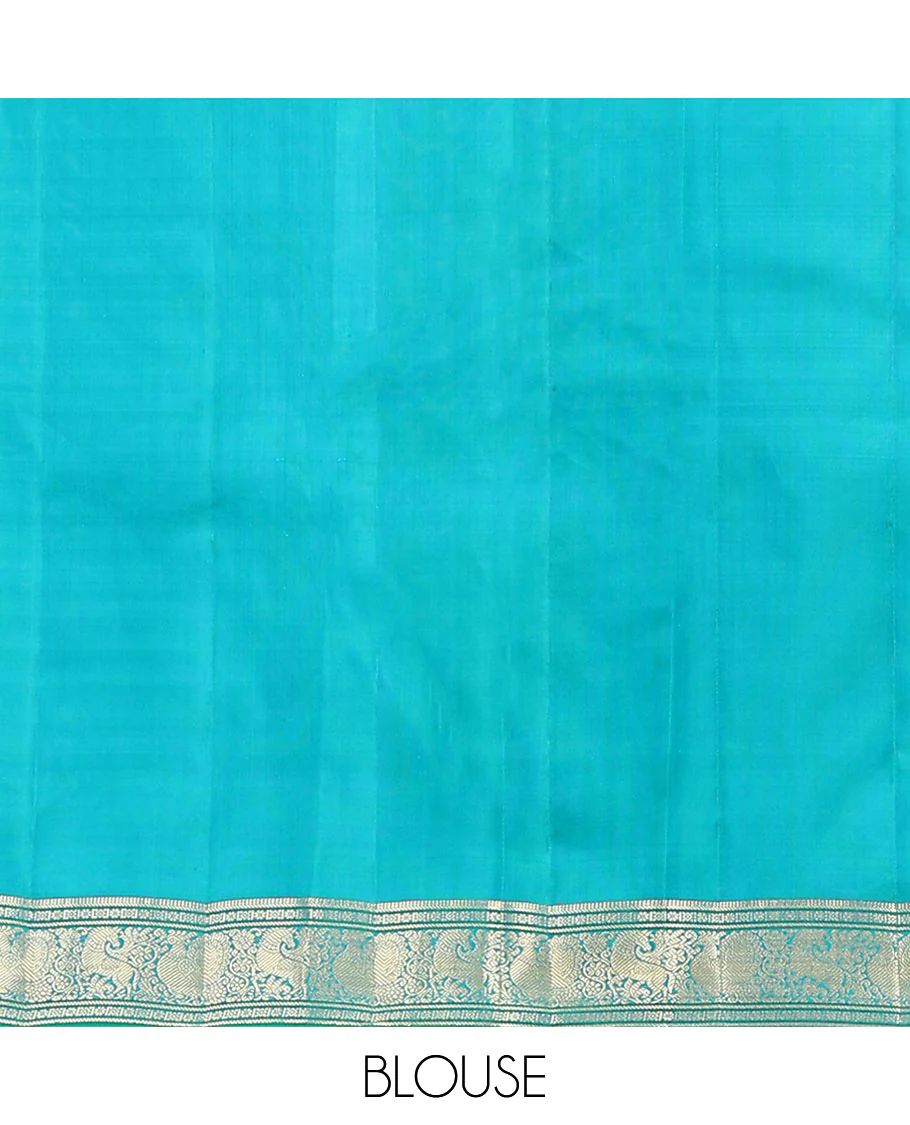 Blue zari design Vasundhara silk saree, zari border of banaras, kamalam, diamond, mayil and kuthirai designs, and chakram buttas steeped pallu - Image 6