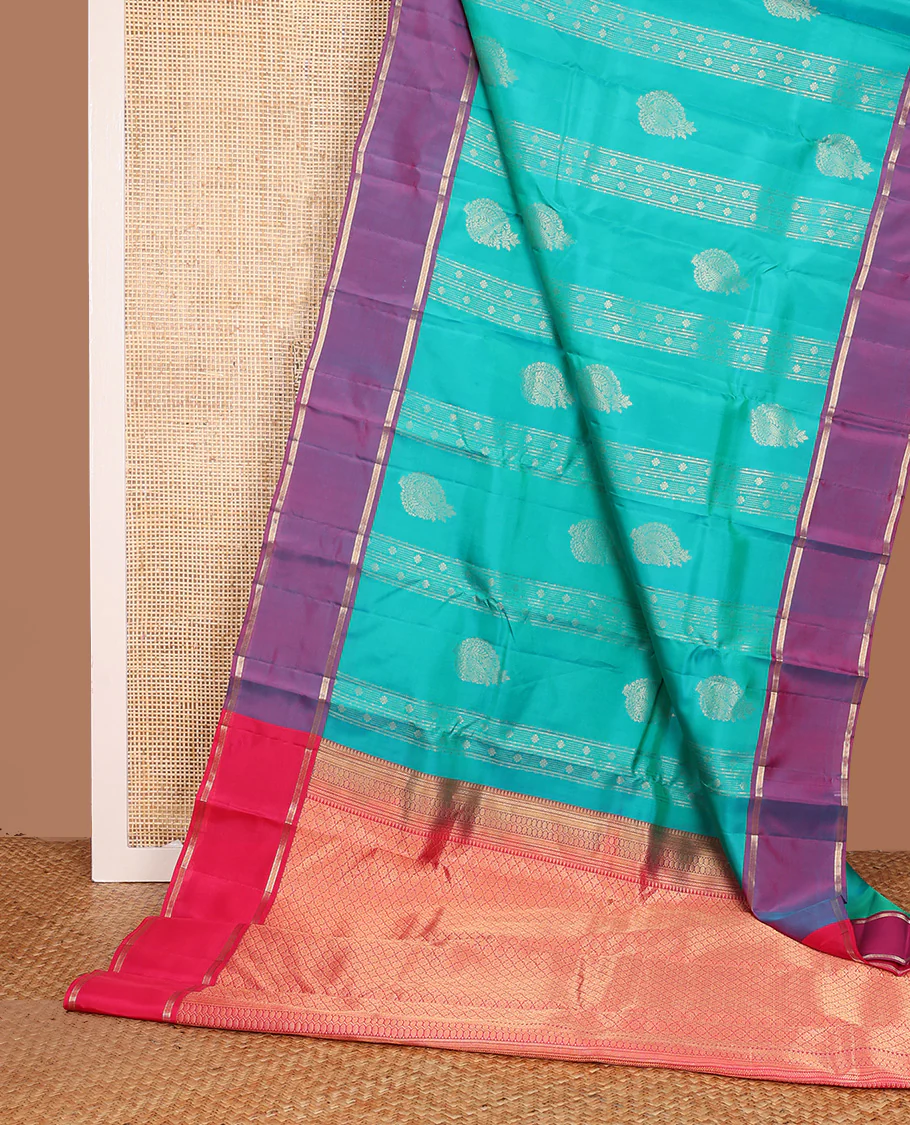 Blue zari design Vasundhara silk mix, contrast rettai pettu border, and contrast jaal pallu - Image 3