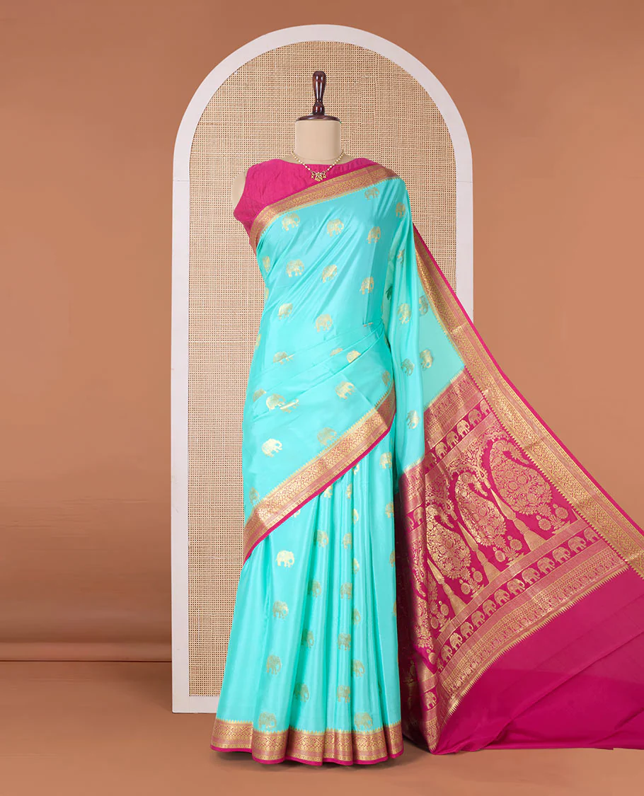 Blue zari elephant motifs woven Mysore silk saree, contrast traditional zari border and pallu of zari-rich paisley designs - Image 2