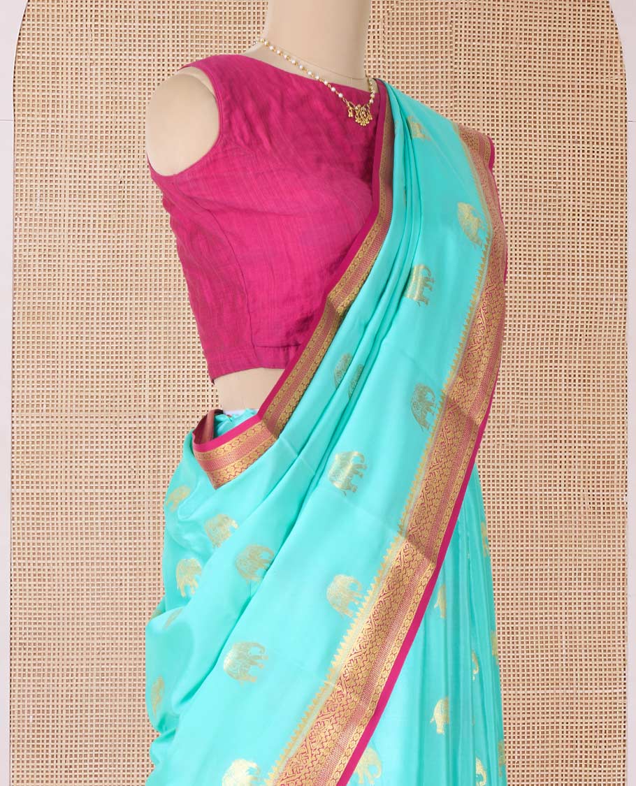Blue zari elephant motifs woven Mysore silk saree, contrast traditional zari border and pallu of zari-rich paisley designs - Image 3