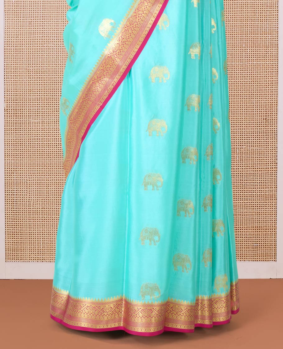 Blue zari elephant motifs woven Mysore silk saree, contrast traditional zari border and pallu of zari-rich paisley designs - Image 4