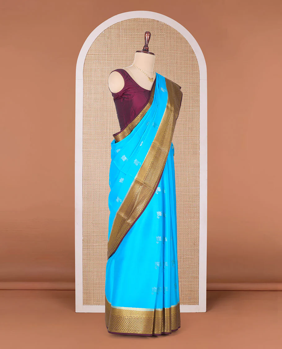 Blue zari floral buttas Mysore silk saree, contrast traditional zari border, and pallu of jaal design