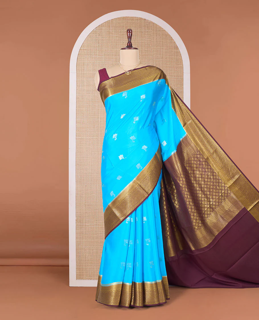 Blue zari floral buttas Mysore silk saree, contrast traditional zari border, and pallu of jaal design - Image 2