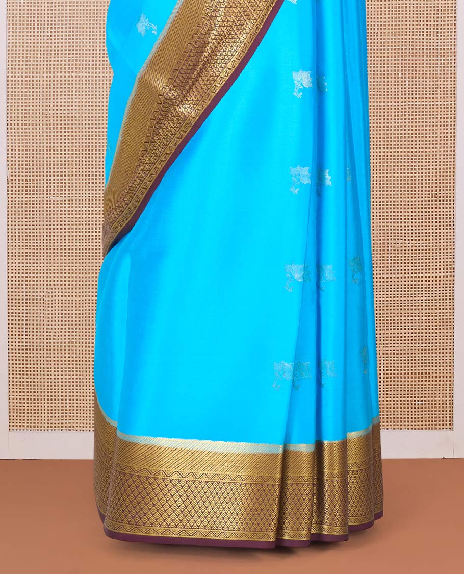 Blue zari floral buttas Mysore silk saree, contrast traditional zari border, and pallu of jaal design - Image 4