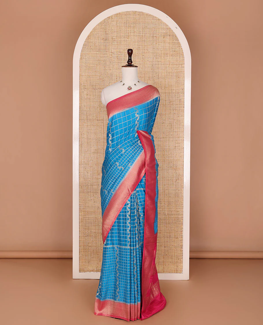 Blue zari jacquard fancy crepe saree, contrast traditional zari border & pallu is floral creeper design
