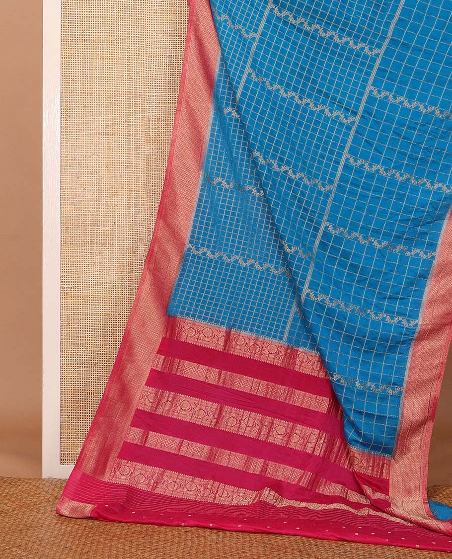 Blue zari jacquard fancy crepe saree, contrast traditional zari border & pallu is floral creeper design - Image 2